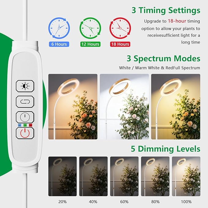 Dual Head Grow Light for Indoor Plants Full Spectrum-Floor Standing Plant Lamp with Auto Timer 6/12/18H 5-Level Dimmable &amp Adjustable Height 16.5-68in for Large Tall Plants | Faux Wood Design