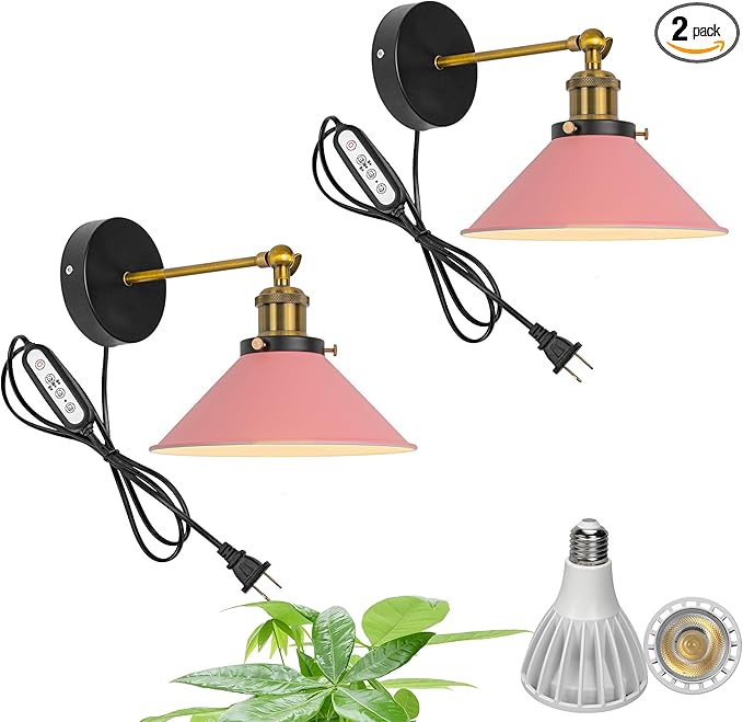 2-Pack Hook Type Wall Mounted Plant Light Full Spectrum 25W 6000K White Light Vintage Pink Metal Adjusted Angle Timing Wall Lamps for Plants Flowers Indoor Growing