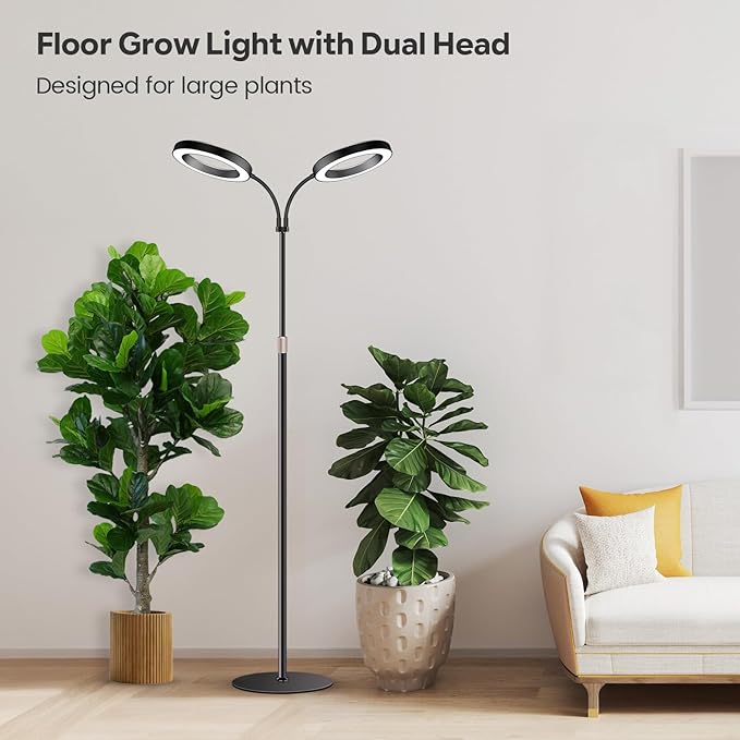 Garpsen Halo Grow Lights Dual-Head Full Spectrum LED Plant Lights for Indoor Growing with Stand 3 Color Modes Grow Lamp with Timer 6/12/16H 5 Dimmable Levels 168 LEDs and 67''Height Adjustable