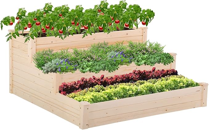 3-Tier Raise Garden Bed Elevated Wooden Planter Box Kit Standing Planter Grow Box Plants Bed for Outdoor Patio Greenhouse Planting Vegetable Herb Flowers and More 48X48X22 Inch