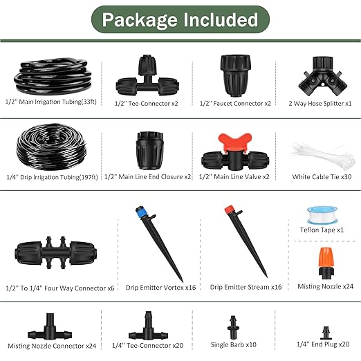 230FT Drip Irrigation System Kit Quick-Connect Automatic Garden Watering Misting System for Greenhouse Flower Beds Yard Lawn Patio Plant with 1/2 Inch Hose 1/4 Inch Distribution Tubing and Accessories