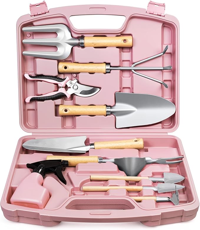12-Piece Womens Gardening Tools Gift Set Rust-Proof &amp Heavy-Duty Garden Tools with Durable Carrying Case Fashionable &amp Thoughtful Gardening Gifts for Women&ampMen (Pink-Silver)