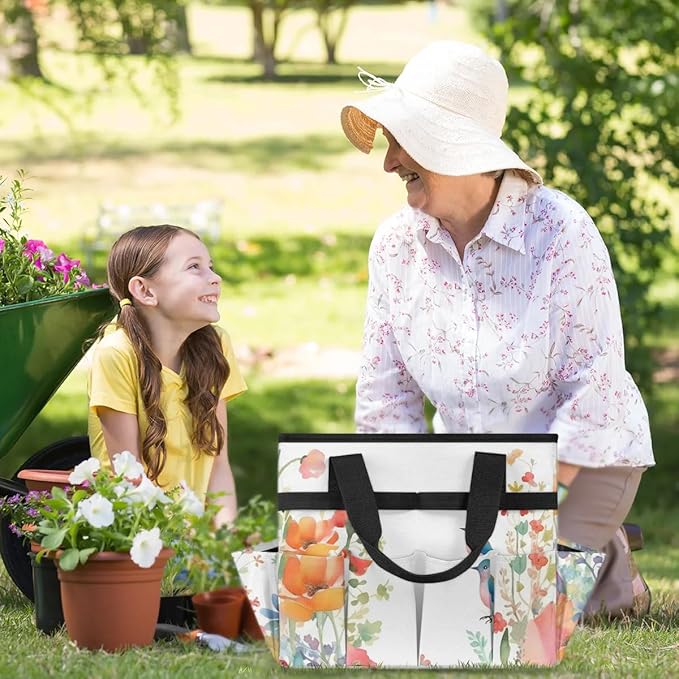 Garden Tool BagFloral Spring Flowers Bird Gardening Organizer Bag With Pockets Garden Tool Kit Storage Tote for Women Men Garden Tool Set Holder