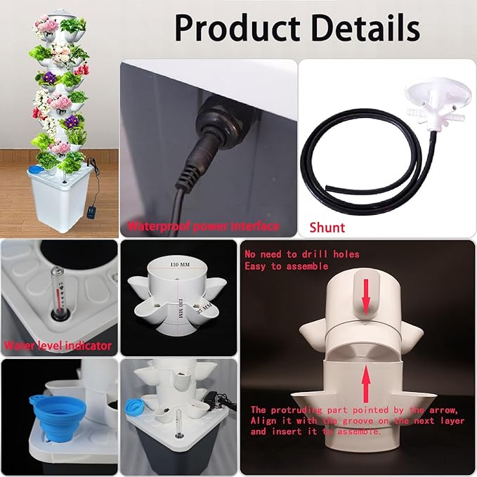 25 Pods Home Gardening System Hydroponics Growing Tower Vertical Planter with Movable Tank &amp Timer for Greenhouse Indoor Vegetables Herbs(25holes)