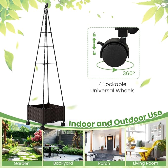 HAPPYGRILL 71 Garden Trellis for Climbing Plants Self-Watering Raised Garden Bed w/Obelisk Trellis Lockable Wheels Adjustable Height Indoor Outdoor Vertical Planter Box for Flower Vine (1)