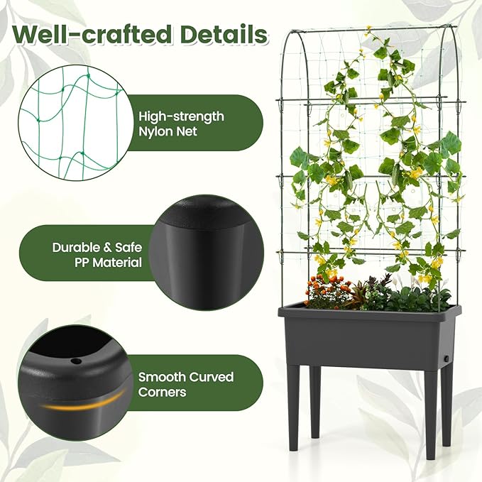 Giantex Raised Garden Bed with Climbing Trellis Self-Watering Elevated Planter Water Level Indicator &amp Drainage Hole Plant Raised Bed for Cucumber Vegetables Fruits Herbs