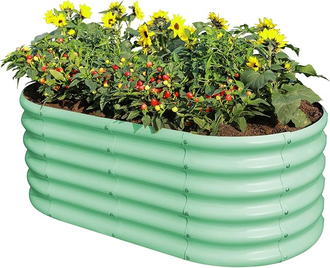 Land Guard 18“ Tall 4×2ft Galvanized Raised Garden Bed Kit Galvanized Planter Garden Boxes Outdoor Oval Large Metal Raised Garden Bed for Vegetables……… (Lime Green 4×2×1.5ft)