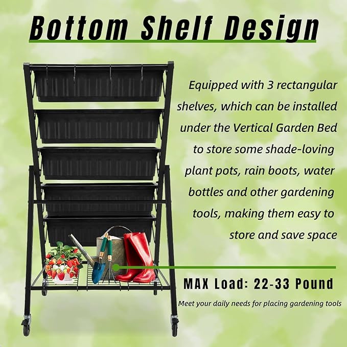 Homdox 4FT Vertical Garden Bed 5 Tiers Vertical Raised Garden Planter 25.6 * 26 * 48Inch Garden Raised Bed with 4 Hooks &amp 4 Wheels Vegetable Flower Planter Raised Stand Black with Storage Rack