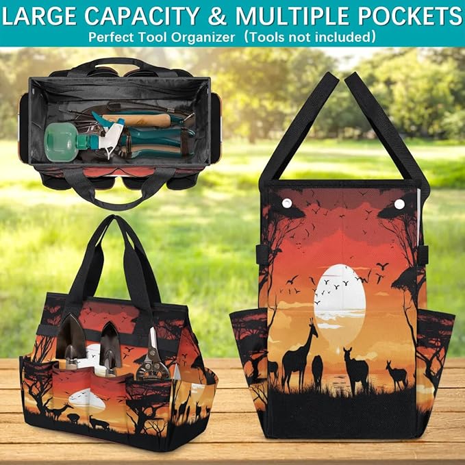 Deer Bird Tree Sunset Silhouette Garden Tool Bag Waterproof Garden Tool Storage Bag Heavy Duty Oxford Gardening Tool Bag with Handle &amp 10 Pockets for Men Women Outdoor Garden Lawn Yard
