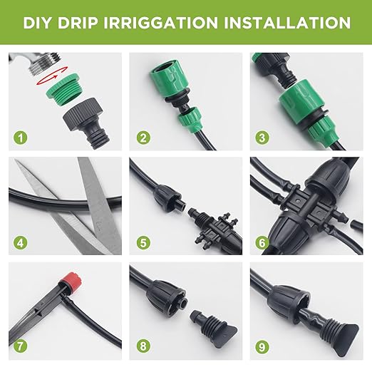 82FT Drip Irrigation System Automatic Micro Drip Kit with 1/2 and 1/4 inch Irrigation Tubing Hose Adjustable Nozzle Sparkle Garden Watering System for Flower Potted Plants Vegetable Greenhouse
