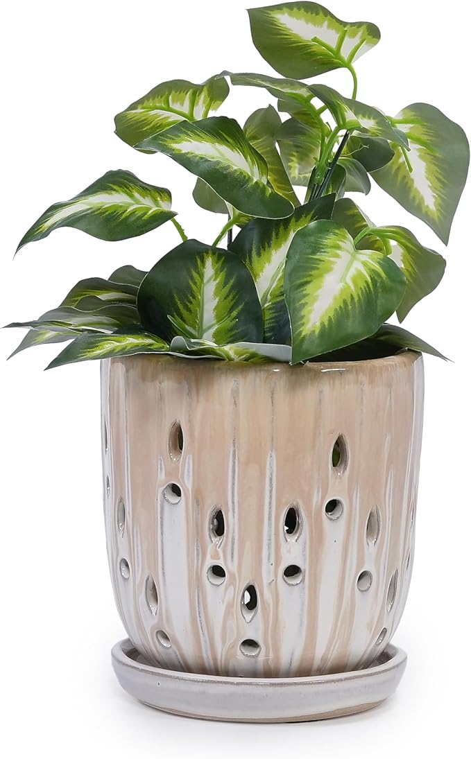 Handmade Ceramic Planter Set of 2 8 6 Diameter Beige with Vertical Stripes Oval Holes for Orchids Herbs IndoorOutdoor Shelf Table Use Breathable Clay