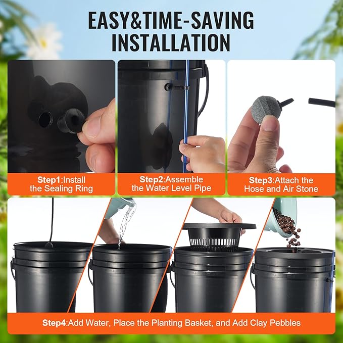 VEVOR DWC Hydroponics Grow System Hydroponic Growing System with Top Drip Kit Deep Water Culture 5-Gallon 4 Buckets with Air Pump Air Stones and Water Level Device for Leafy Vegetables