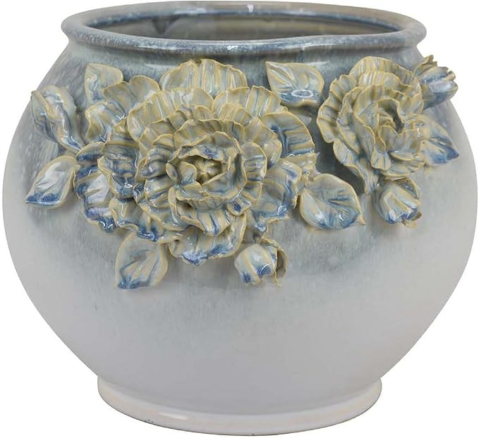 Accent Planter Floral Applique Design 12 Inch White Ceramic