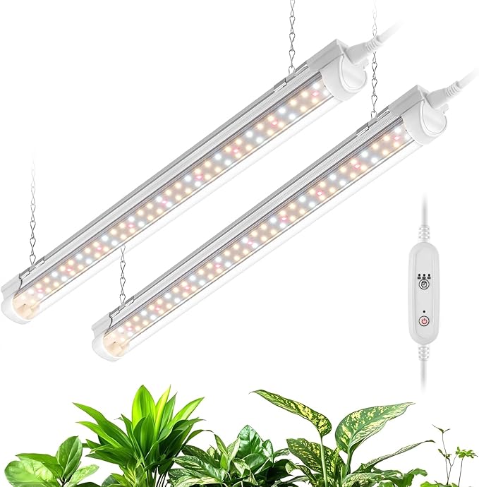 Bstrip T8 Grow Light 1.4FT 36W (2 x 18W) Plant Lights for Indoor Growing with Timer Full Spectrum with 660nm Red LEDs 3467K Ideal for Indoor Plants Greenhouse Seeding Linkable Design 2-Pack