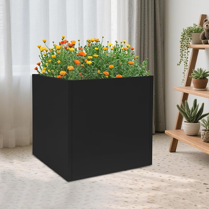 Heavy-Duty Galvanized Steel Raised Garden Bed 26x26x26in - Elevated Planter Box with Removable Panel for Tomatoes/Herbs/FlowersRust-Proof Outdoor Metal Garden Kit for PatioBackyardBalcony (Black)