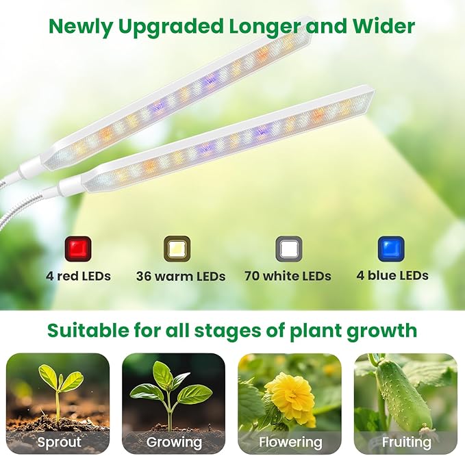 Grow Light Clip on 2 Pack 228 LED Grow Lights for Indoor Plants Full Spectrum 2 Head White Arm Grow Lamp with Gooseneck 6/12/16H Timer 5 Dimming 3 Light Mode