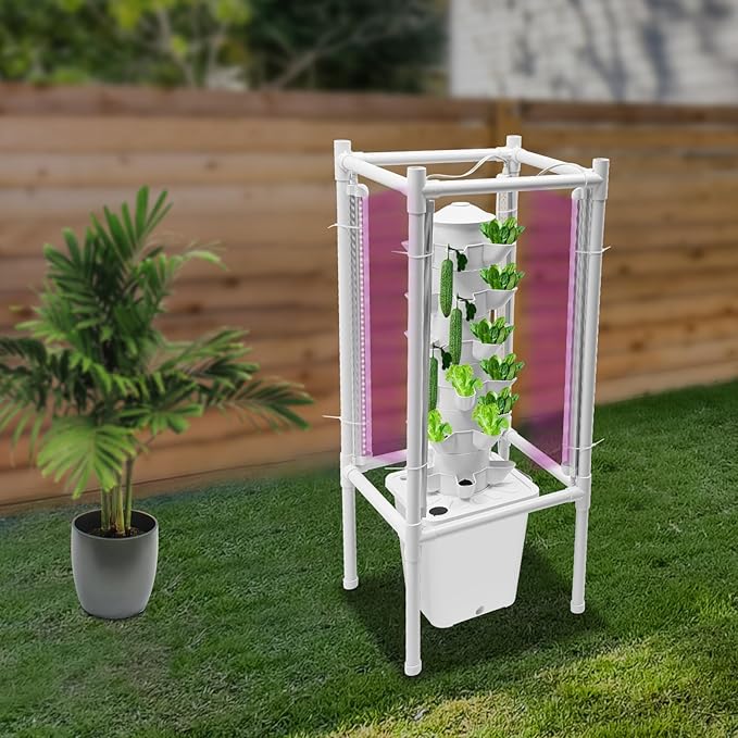 Hydroponic Growing Kit Indoor Garden Planter with LED Grow Light 6 Layer 30 Planting Point Hydroponic Grow Tower with Water Tank Plants Germination Kit for Garden Office Balcony (White)