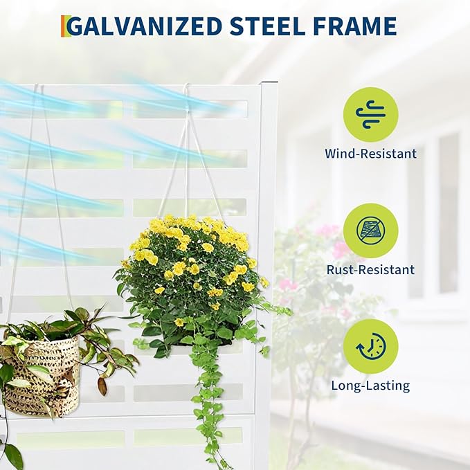 Metal Raised Garden Bed with Trellis &amp Privacy Screen 70.1x45x15 Galvanized Metal Planter Box with Drainage Holes for Patio Balcony Outdoor Climbing Plants Flowers Vegetable White