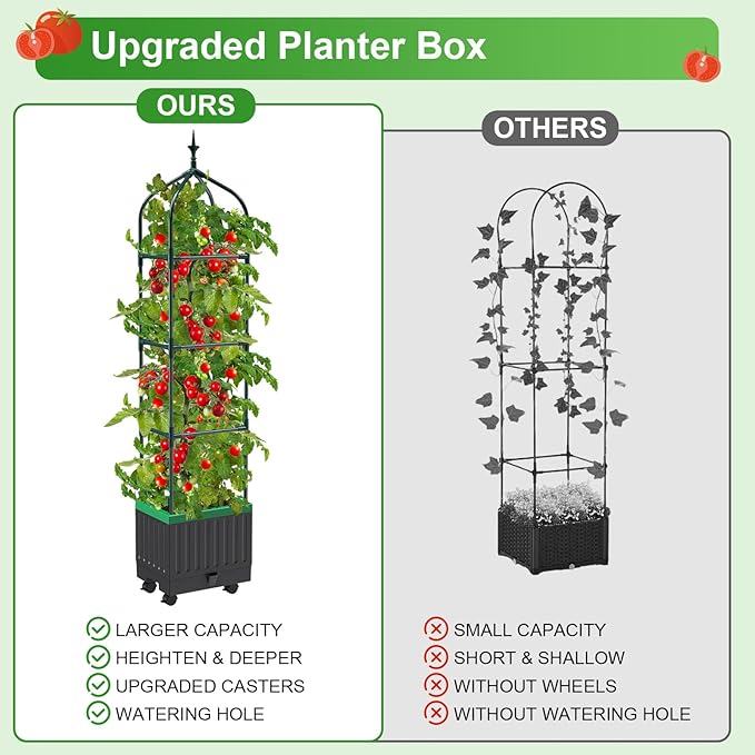 Raised Garden Bed Planter Boxes with Trellis1pcs 70.9Self-Watering Tomato Planter Boxes with Trellis for Climbing Vegetables Plants Flowers Tomato with WheelsUse for Indoor Outdoor (Black)