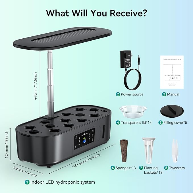 Hydroponics Growing SystemBHTNYOO-13 Pods Indoor Herbs Garden Gardening Kit with Multi-Mode Adjustable Height LED Grow LightsAutomatic Water Pump Timer (LCD Touch Screen)