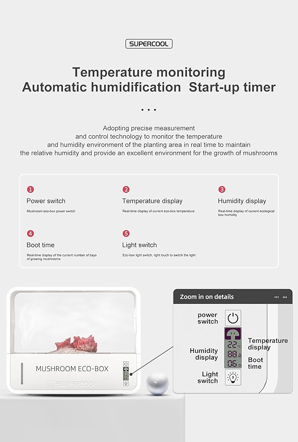 Mushroom Grow Kit with Automatic Humidification Exhaust System Grow Light and Temperature Display - Indoor Monotub for Fresh Air Mushroom Cultivation
