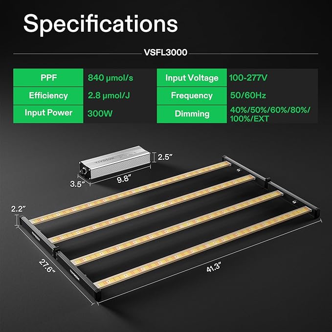 VIVOSUN VSFL3000 Bar LED Grow Light 300W 4 Bars Plant Grow Light Foldable &amp Dimmable Full Spectrum with UR/FR Light for Indoor Plants