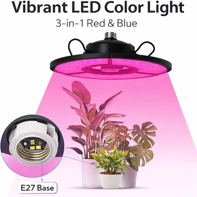 Grow Lights for Indoor Plants 360 LEDs Full Red Blue Light 90° Collapsible Adjustable Height with E27 Base - Full Coverage Durable Heat Dissipation Ideal for Indoor