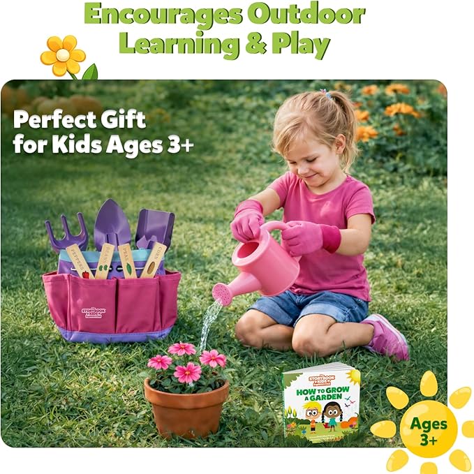 Pink Kids Gardening Tools - Includes Sturdy Tote Bag Watering Can Gloves Shovels Garden Stakes and a Delightful Children's Book How to Garden Tale - Kids Garden Tool Set for Toddler Age on up.
