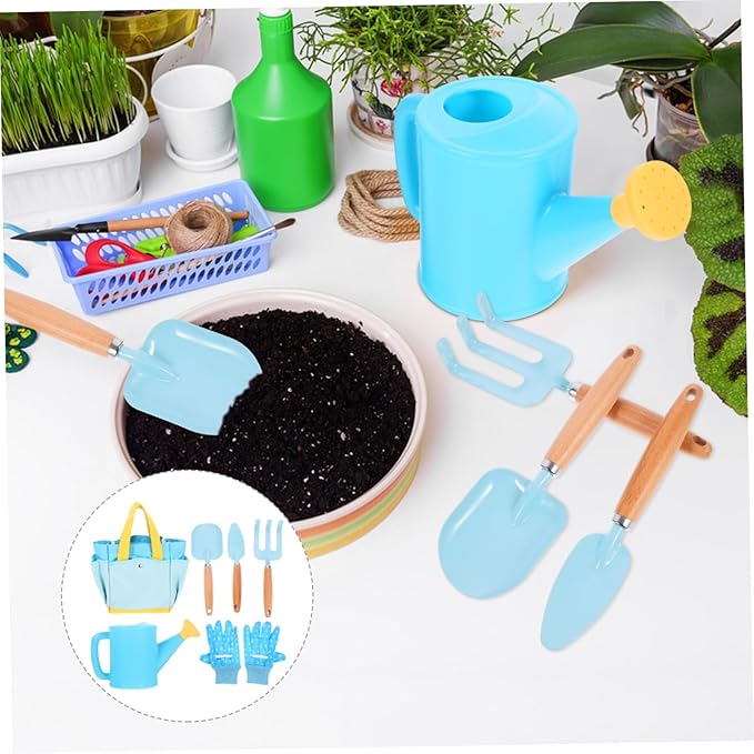 Gardening Tool Set with Wooden Handles Lightweight Shovel Rake and Watering Can for Outdoor Planting Digging Weeding and Transplanting Portable Garden Kit for Boys