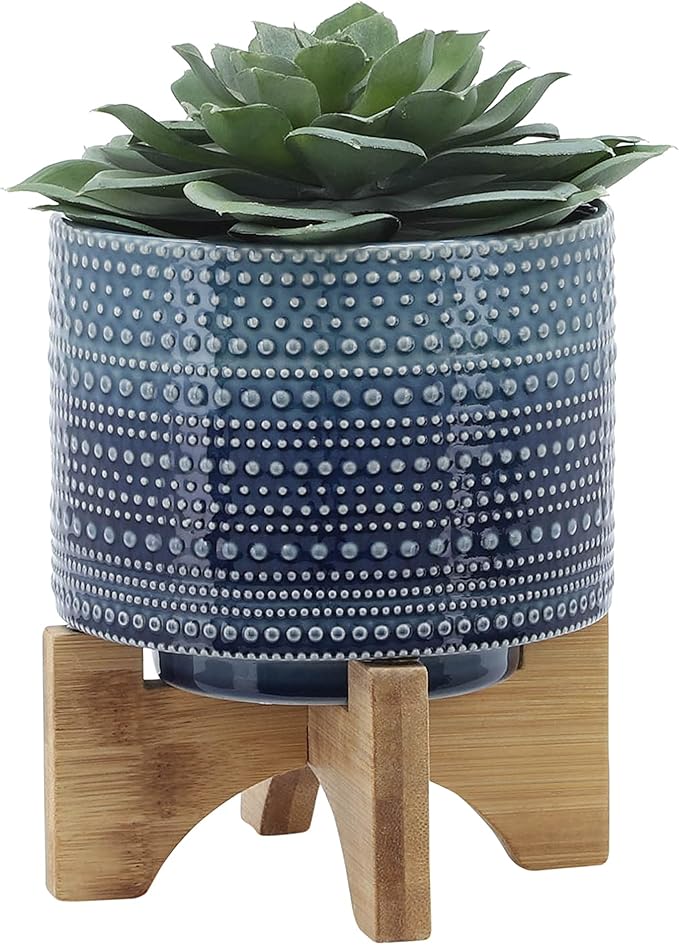 5 Dotted Planter W Wood Stand Blue