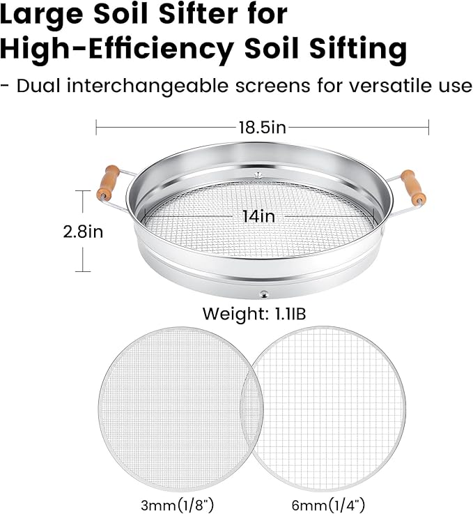Soil Sifter with Handle for Gardening–14 Large Stainless Steel Soil Sieve-2 Replaceable Mesh Screens 3mm/6mm-Garden Sifter for Dirt Rocks Compost Gravel Pellet Sand
