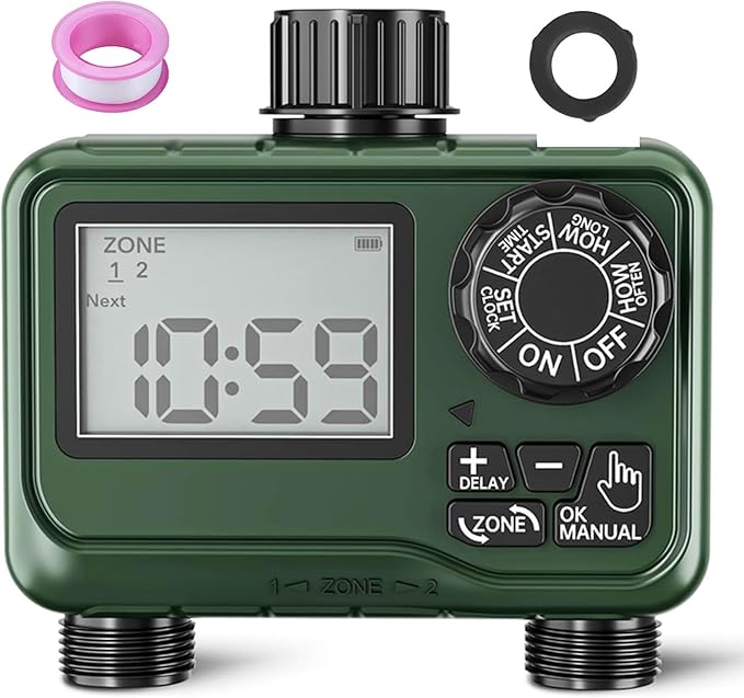BN-LINK Sprinkler Timer Outdoor - 2 Zone Programmable Water Timer with Rain Delay Automatic Irrigation System for Lawns &amp Garden Hoses - Waterproof Manual Controller with Large LCD Display
