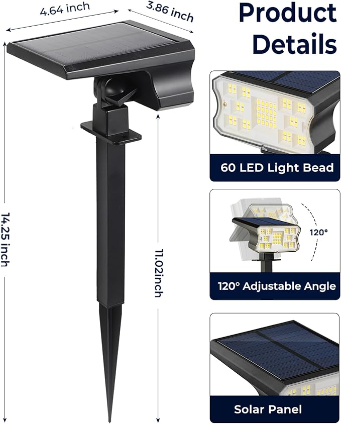 HGGH Solar Lights Outdoor Waterproof IP67 60 LED 3 Lighting Modes Solar Spot Lights Outdoor for Yard Garden Pathway Landscape Auto On/Off Function 2 in 1(Cool White 4 Pack)