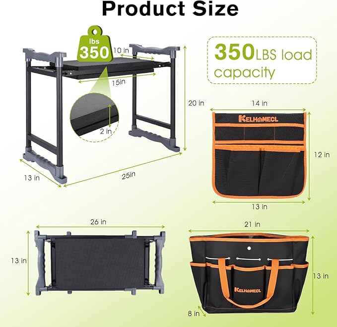 Garden Kneeler and Seat with Umbrella 2-in-1 Foldable Gardening Stool with Adjustable Bracket Detachable Tool Bags Heavy Duty Kneeling Pad for Gardening (Black Orange)