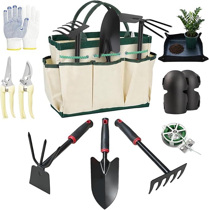 10 Pcs Gardening Tool Set - Heavy Duty Garden Kit with Stainless Steel Pruning Shears Trowel Garden Tool Kneeling Pads Repotting Mat - Garden Tote Ideal Gardening Gifts for Women and Men