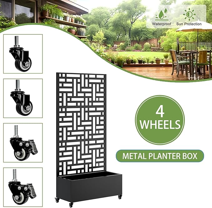 Sturdy 47x16x73 Inch Galvanized Steel Raised Garden Bed with Trellis Metal Planter Box on Wheels for Patio Privacy Screen 12 Inch Deep Root Mobile Vertical Garden Planter for Climbing Plants (M1)