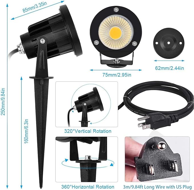 7W COB Landscape Lights Warm White 3000K Waterproof IP65 Spotlight with US Plug and 3M/9.84ft Rubber Wire Outdoor Pathway/Flag Lights with Stake for Garden Yard Lawn Decoration(2 Packs)