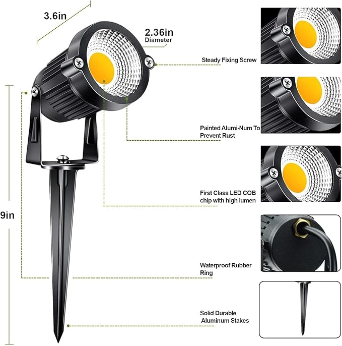 5W Low Voltage Landscape Lights 12 Volt LED Spotlight Outdoor Pathway Lights Wired Yard Lights Garden Lawn Landscaping Lights 500LM IP66 Waterproof Spot Lighting Warm White Garden Stake Tree Light