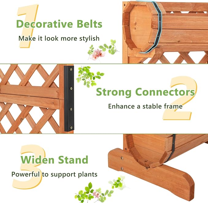 HAPPYGRILL Raised Garden Bed with Trellis Removable Planter Boxes with 2-Tier Round Planter Box &amp Lattice Trellis Vertical Wood Raised Flower Bed for Vine Climbing Plants (18 L x 14 W x 44.5