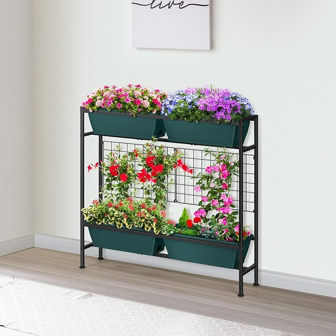 Raised Garden Beds 32.4 Tall Vertical Planter Boxes with Trellis Standing Herb Garden Planter Outdoor with Metal Fences Legs for Small Climbing Plant Gardening Vegetables Patio Balcony Porch Green
