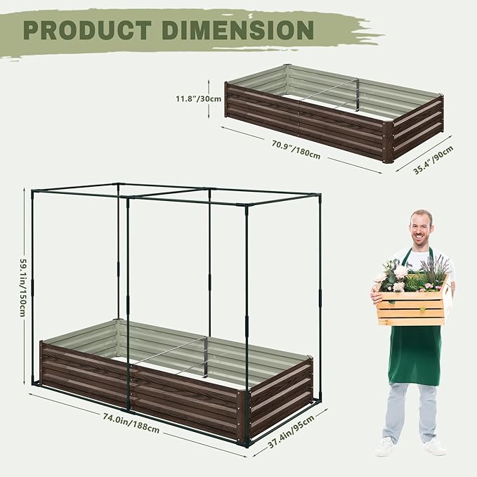 SUNYRISY Galvanized Raised Garden Bed with Protection Netting Outdoor Metal Planter Box with Plant Crop Cage Garden Box Protection for Gardening Vegetables Flowers Herbs Planting Wood Grain