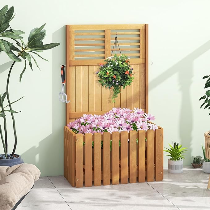 Giantex Raised Garden Bed with Trellis 41” Wooden Potted Plant Box w/Privacy Screen Trellis for Plant Flower Climbing Pot Hanging Indoor &amp Outdoor Planter Box for Yard Garden Balcony