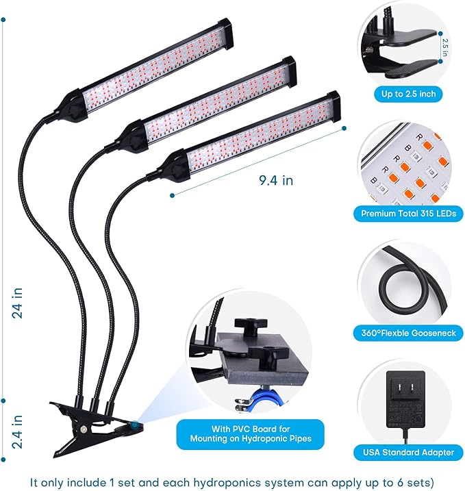 LED Grow Lights for Indoor PlantsFull Spectrum Clip Plant Growing Lamp with PVC Board for Hydroponics Plants10-Level DimmableAuto On Off Timing 3 9 12Hrs(1 Pack)