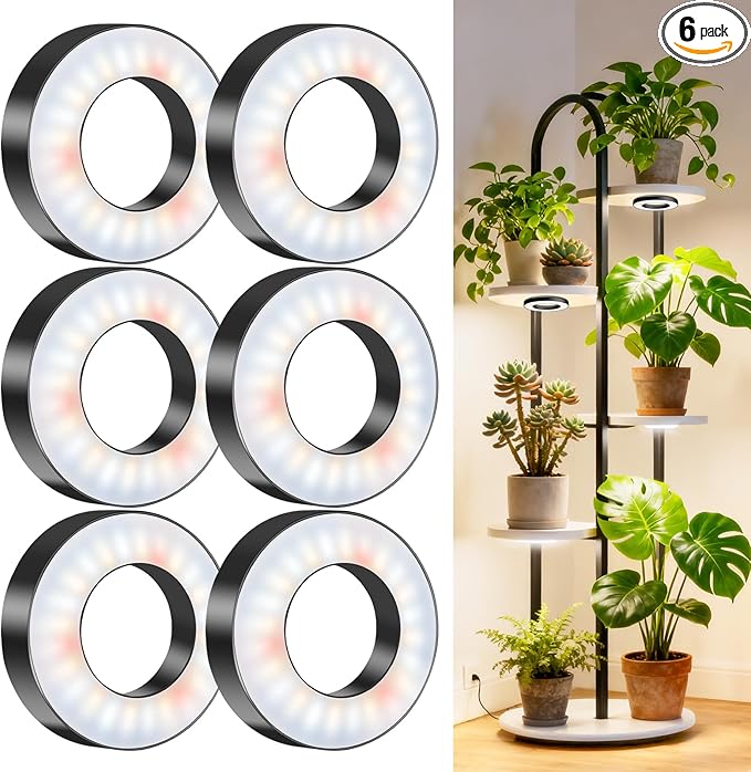 Wiaxulay Ceiling Grow Lights for Indoor Plants 288 LED Full Spectrum 3.5in Halo Plant Grow Light 12/3A Under Cabinet Grow Lamp with Auto Timer 6/12/16 Hrs 3 Lighting Mode 5 Brightness Six Head