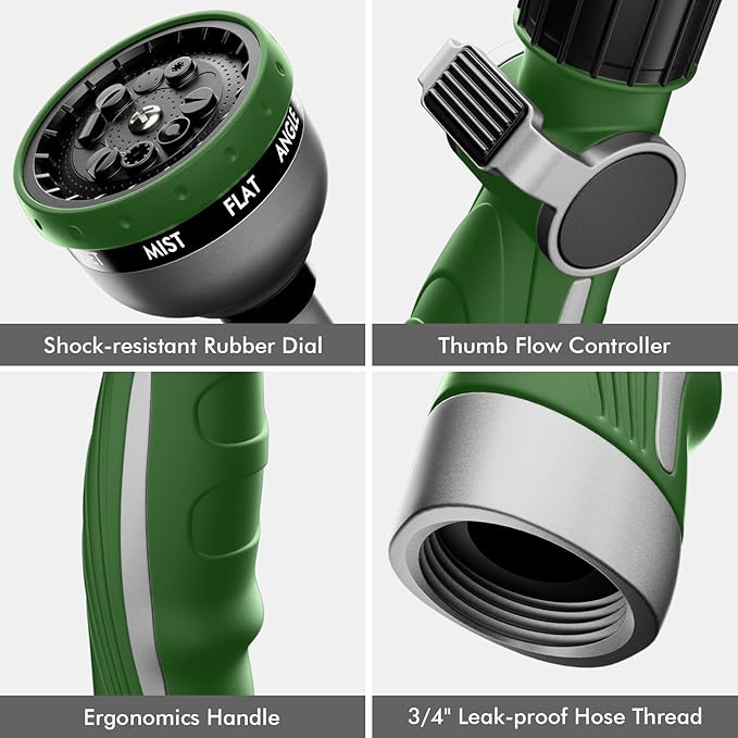 RESTMO Watering Wand Heavy Duty Metal Garden Hose Wand with 10 Spray Patterns 15-Inch Long Hose Nozzle Sprayer with Thumb Flow Control Ideal to Water Hanging Baskets and Shrubs Green