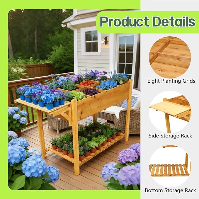 8 Pockets Horticulture Raised Garden Bed Elevated Wood Planter Box Stand with Foldable Side Table and Storage Shelf for Herb/Vegetables/Flowers (49 L x22 W x32 H)