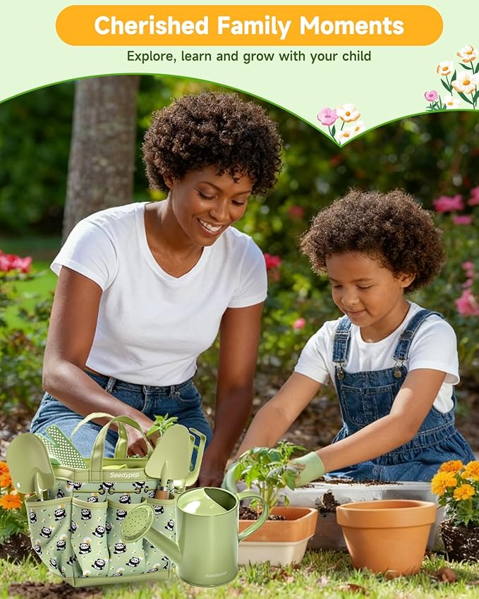 Handmade Kids Gardening Tools Set - 8Pc Artisan Garden Kit with Real Wood Handles Metal Heads Frog Hat Panda Apron &amp Tote - Nature Learning Gift for Toddlers &amp Kids (Sage Green)