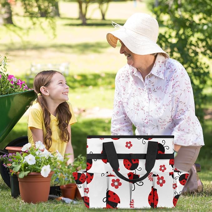 Ladybug Gardening Tool BagHeavy Duty Garden Tote BagPortable Oxford Flower Gardening Storage Basket Organizer Handbag with Pockets HandleHand Tools Gifts for Outdoor Garden Lawn Yard
