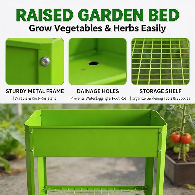 Raised Garden Bed with Legs 32×14×32 in Metal Elevated Raised Planter Box with Storage Rack &amp Drainage Holes for Backyard Patio Balcony 200 lb Capacity - Green