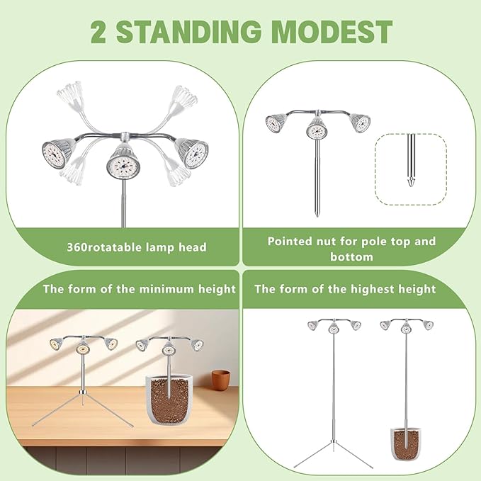Full Spectrum Grow Lights for Indoor Plants 3 Heads Aluminum Alloy Growing Lamps Covers More Plants 15-62In Height Adjustable Plant Light with Detachable Tripod Stand Auto On/Off Timer for Offices